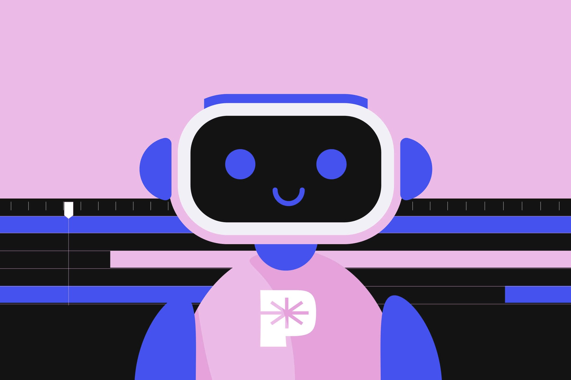 A smiling robot in black, blue, and pink with a "P" on its chest, against a light pink futuristic background.